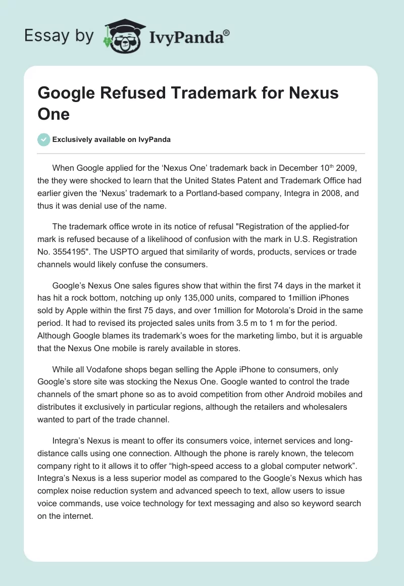 Google Refused Trademark for Nexus One. Page 1