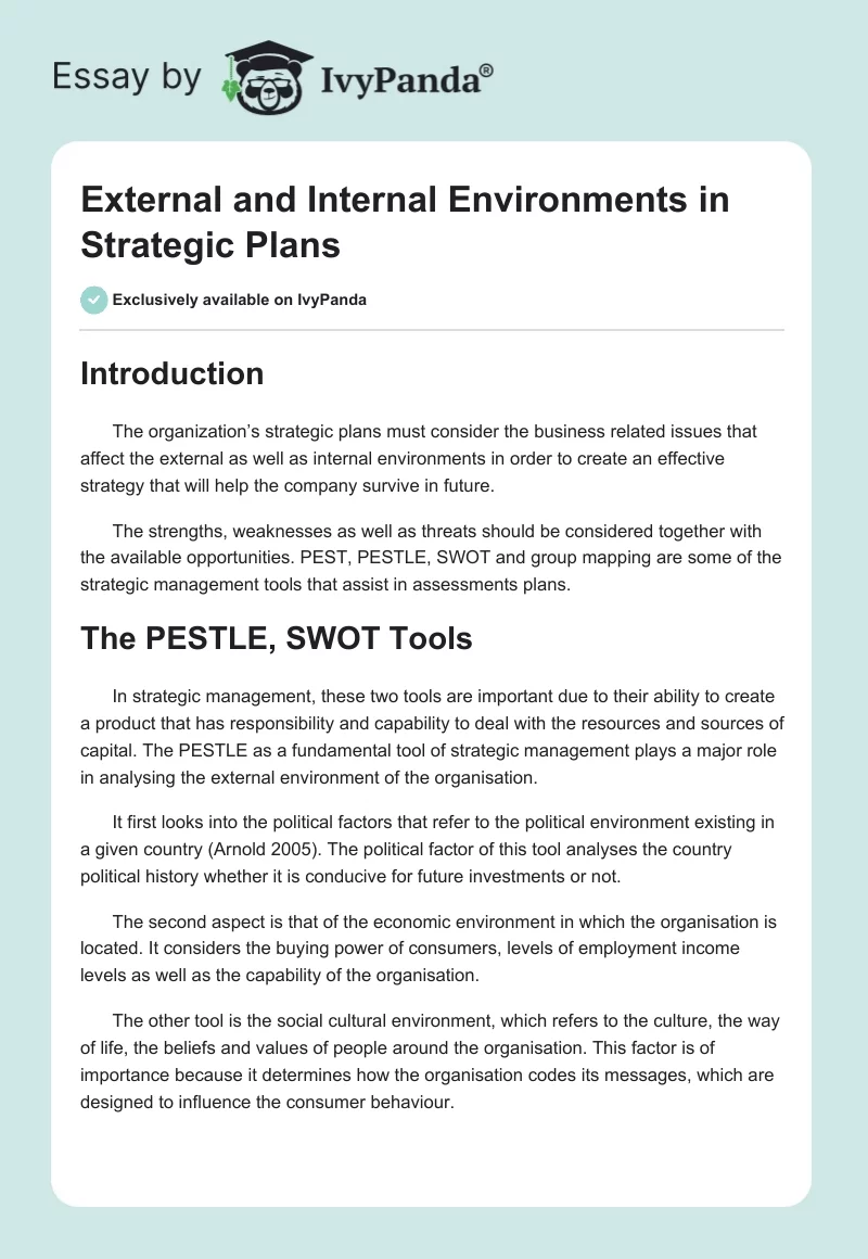 External and Internal Environments in Strategic Plans. Page 1