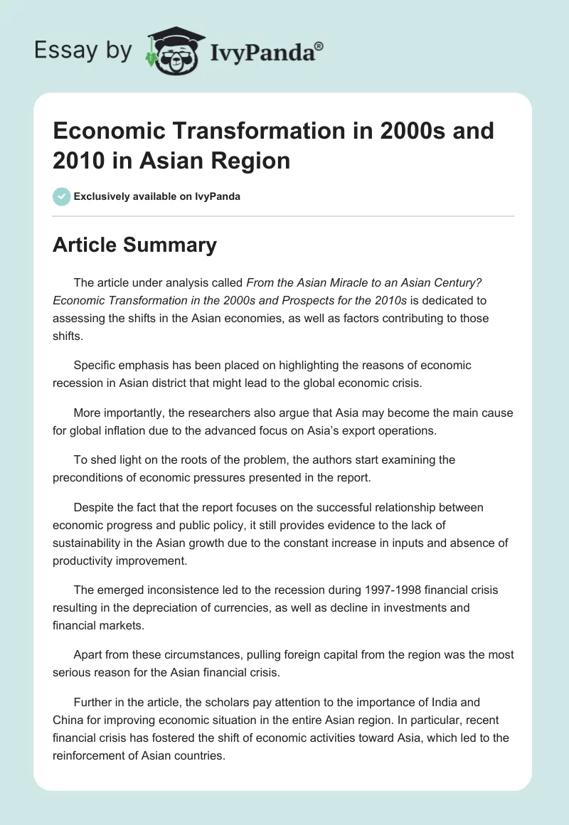 Economic Transformation in 2000s and 2010 in Asian Region. Page 1