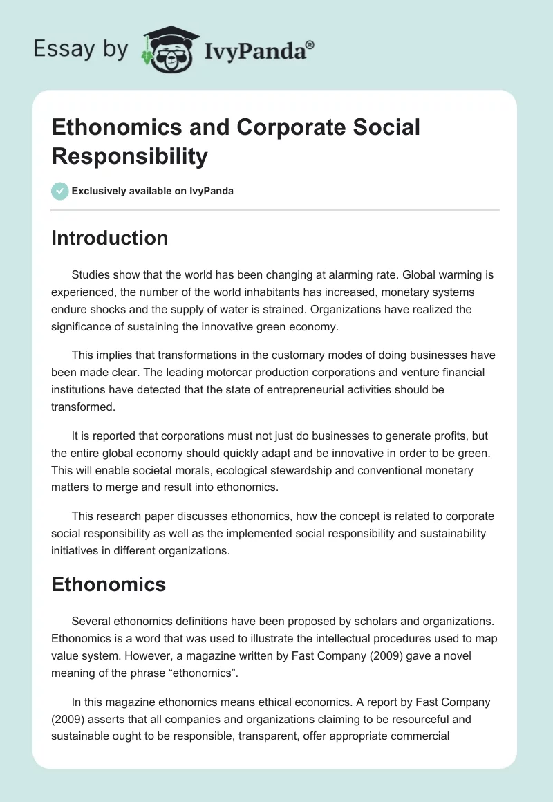 Ethonomics and Corporate Social Responsibility. Page 1