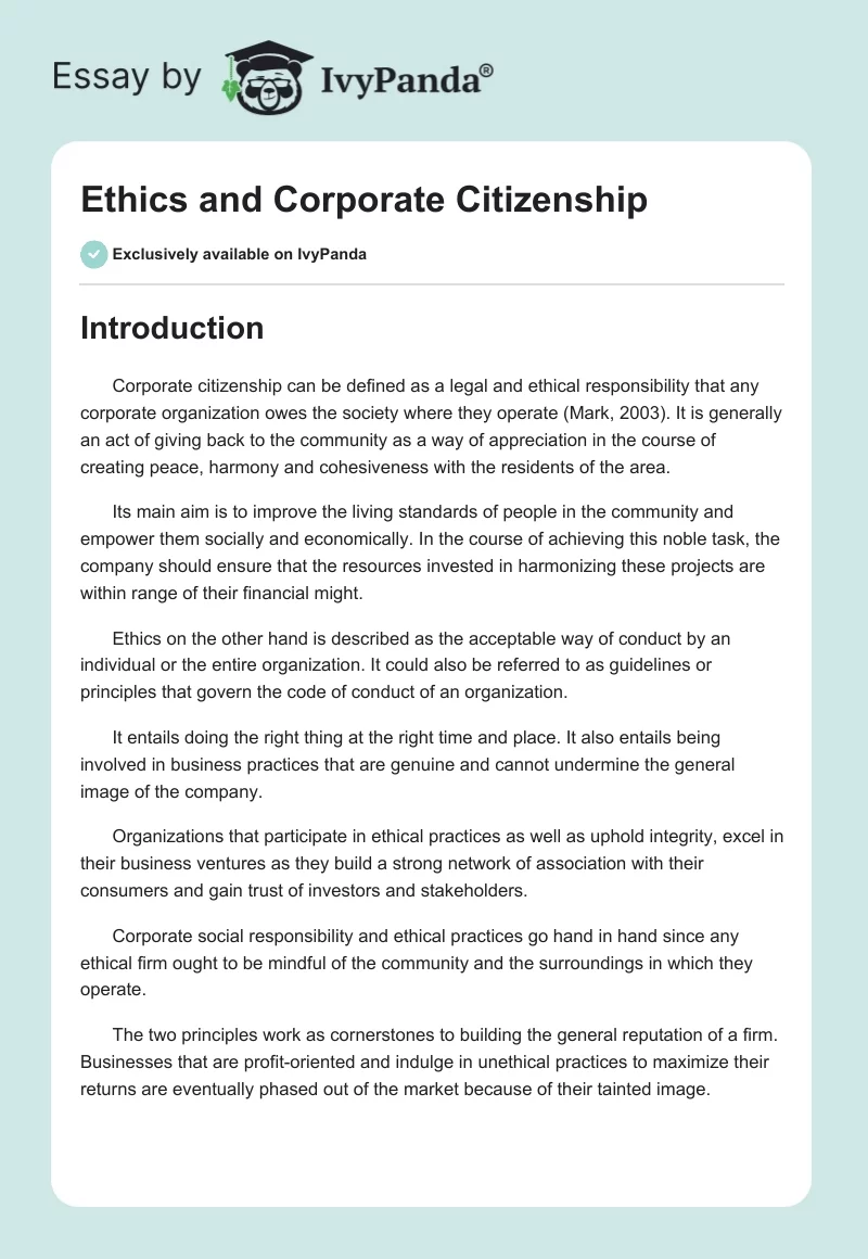 Ethics and Corporate Citizenship. Page 1