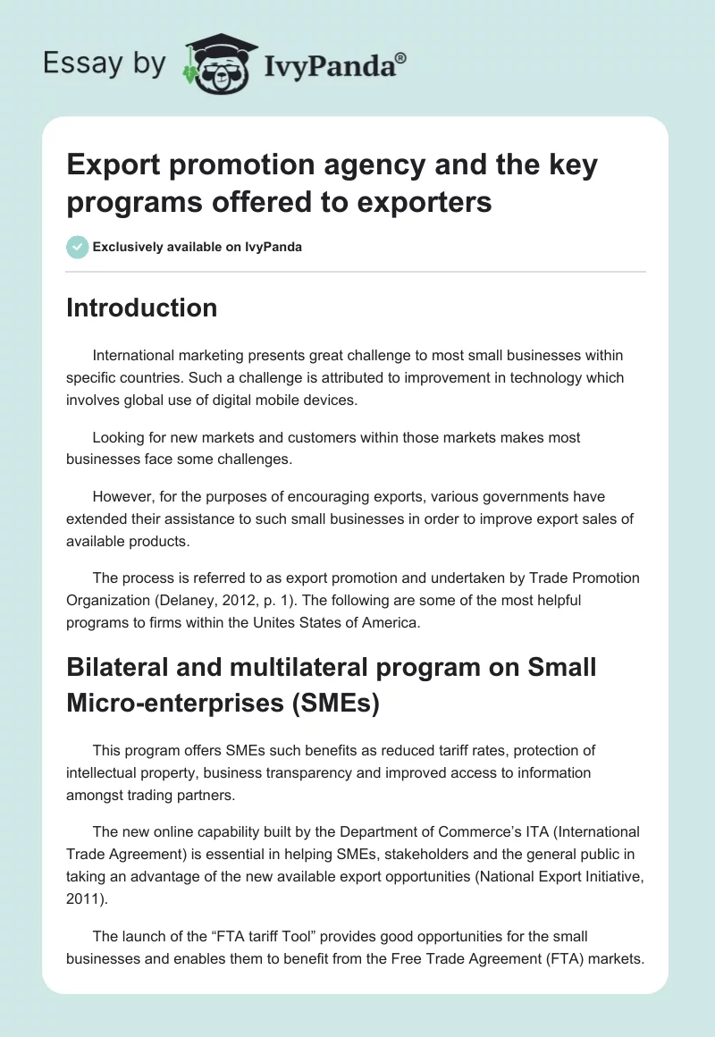 Export promotion agency and the key programs offered to exporters. Page 1