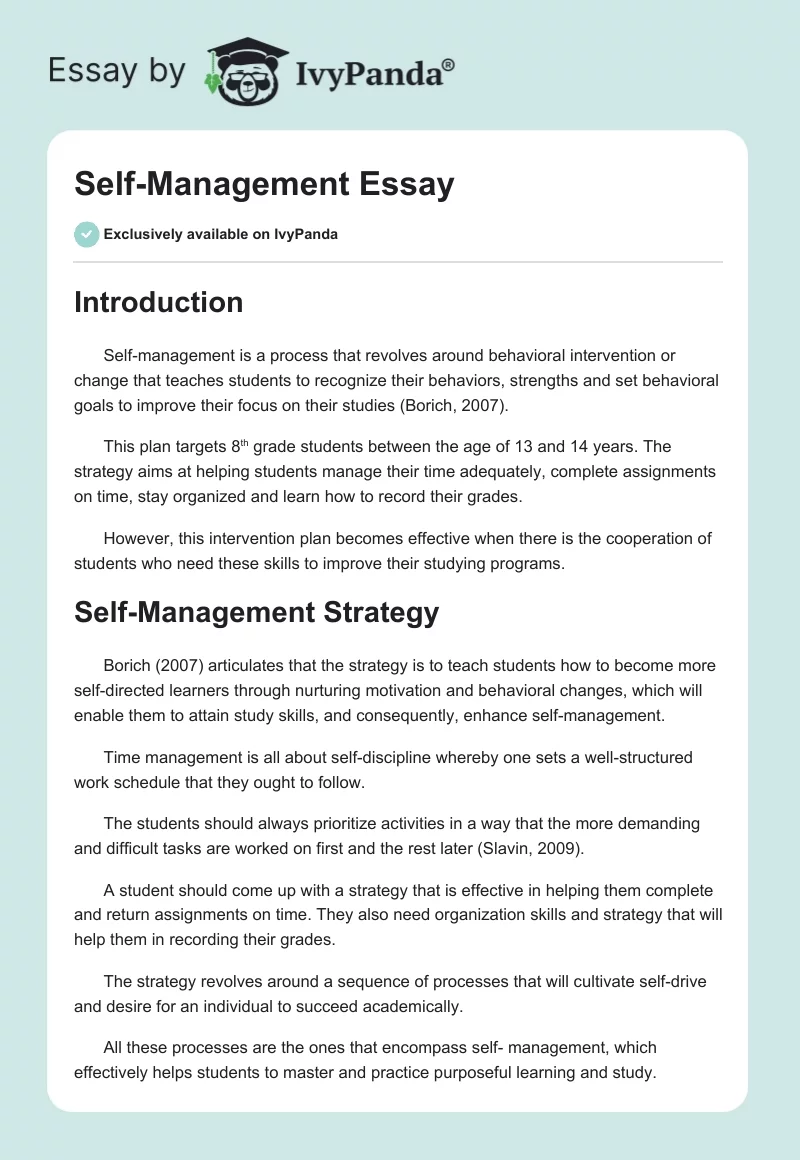 Self-Management Essay. Page 1