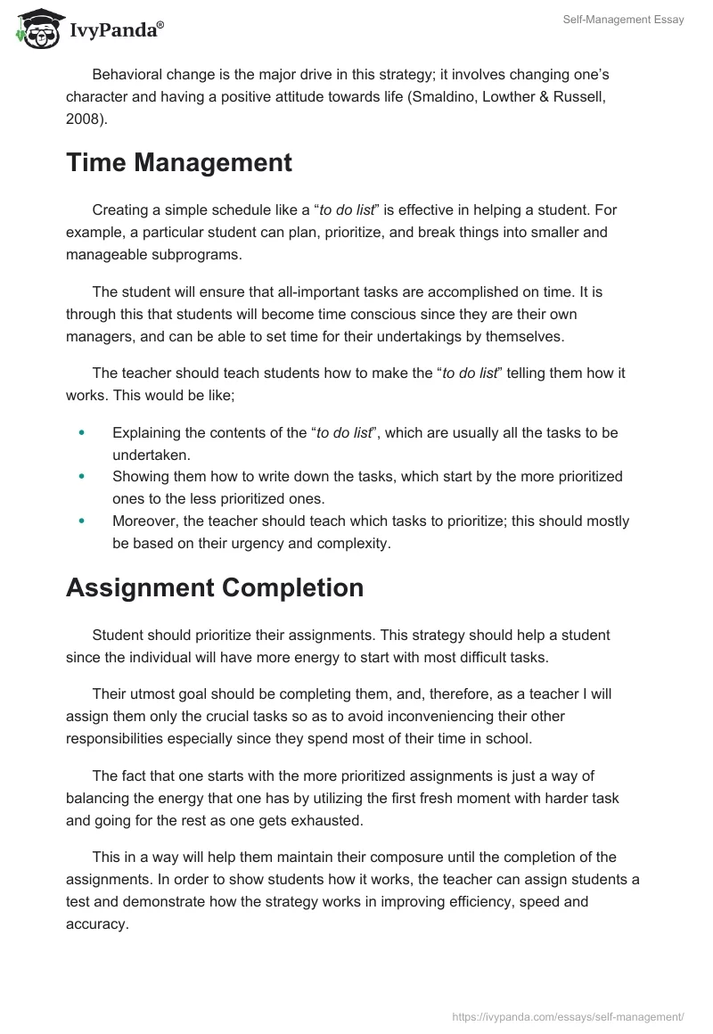Self-Management Essay. Page 2