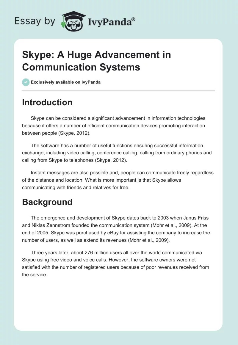 Skype: A Huge Advancement in Communication Systems. Page 1