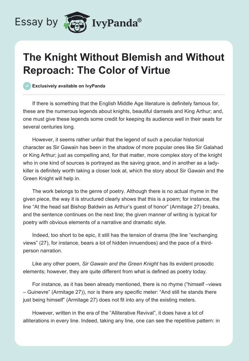 The Knight Without Blemish and Without Reproach: The Color of Virtue. Page 1