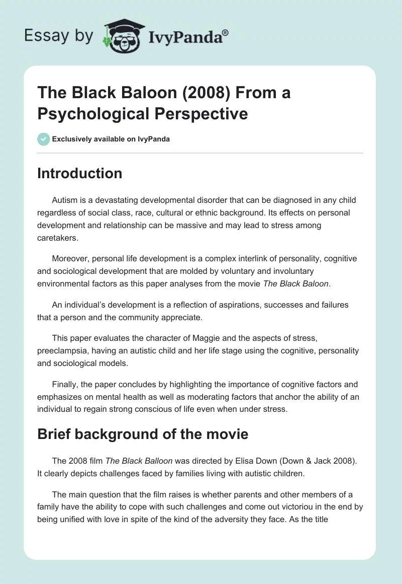 "The Black Baloon" (2008) From a Psychological Perspective. Page 1