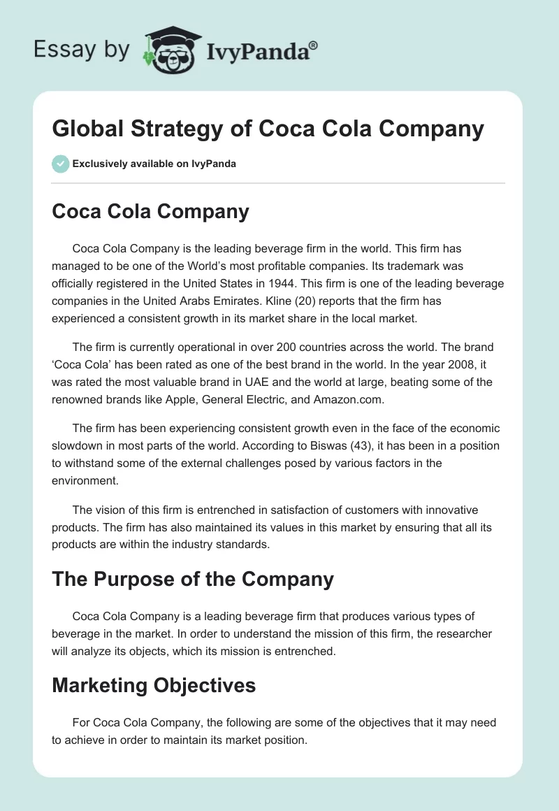 Global Strategy of Coca Cola Company. Page 1