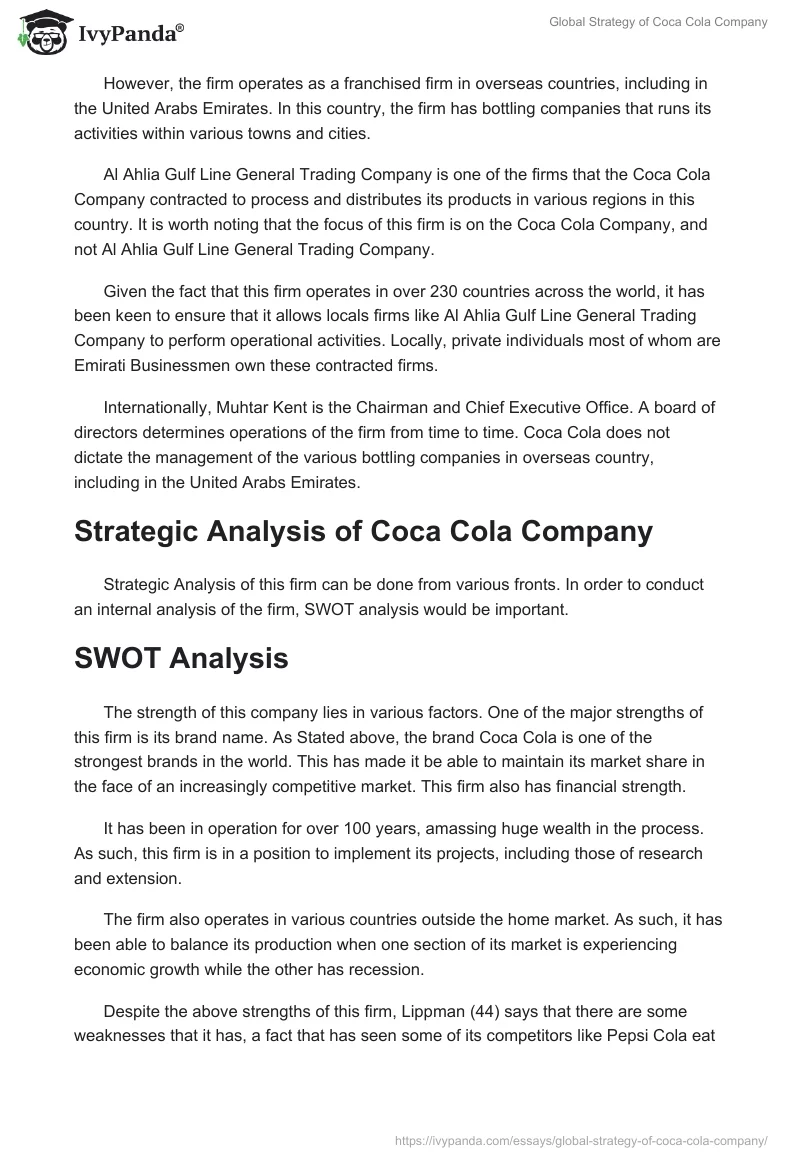 Global Strategy of Coca Cola Company. Page 3