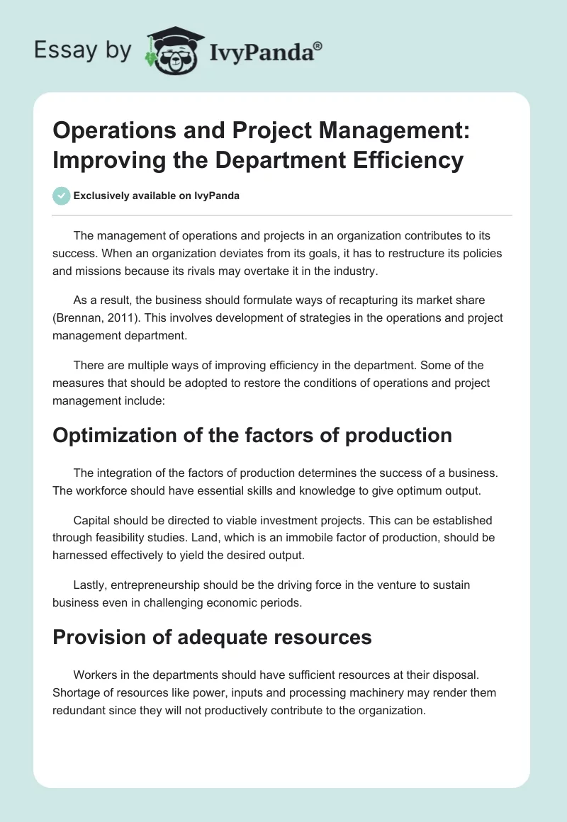 Operations and Project Management: Improving the Department Efficiency. Page 1