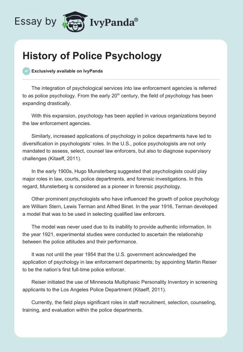 History of Police Psychology . Page 1