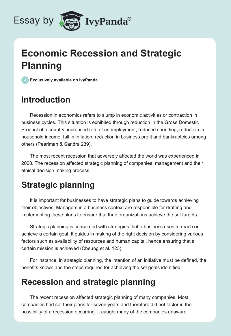 Economic Recession and Strategic Planning. Page 1