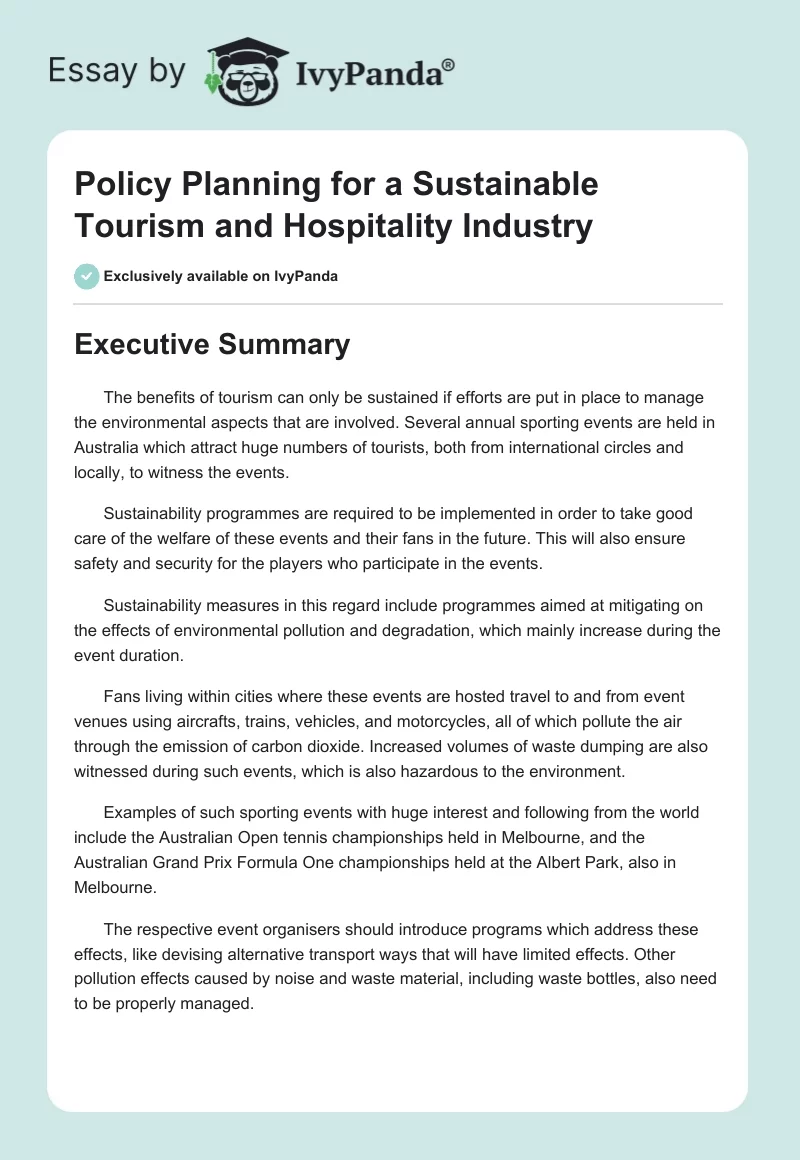 Policy Planning for a Sustainable Tourism and Hospitality Industry. Page 1