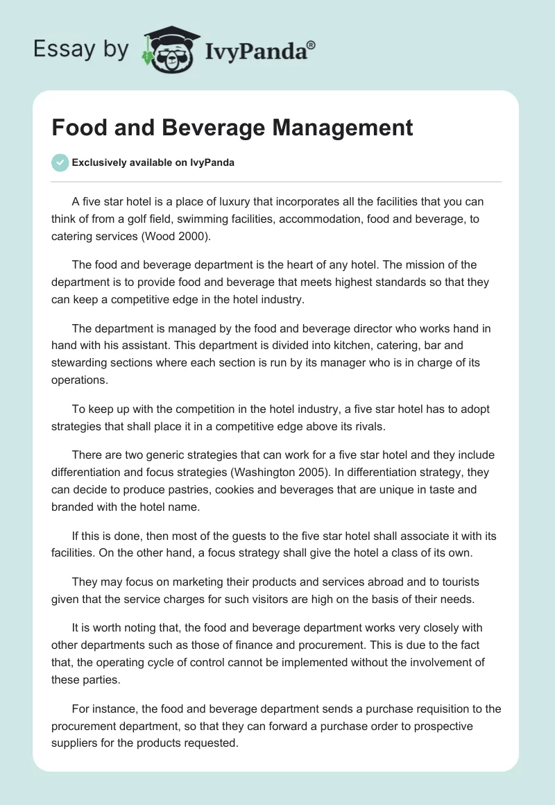Food and Beverage Management. Page 1