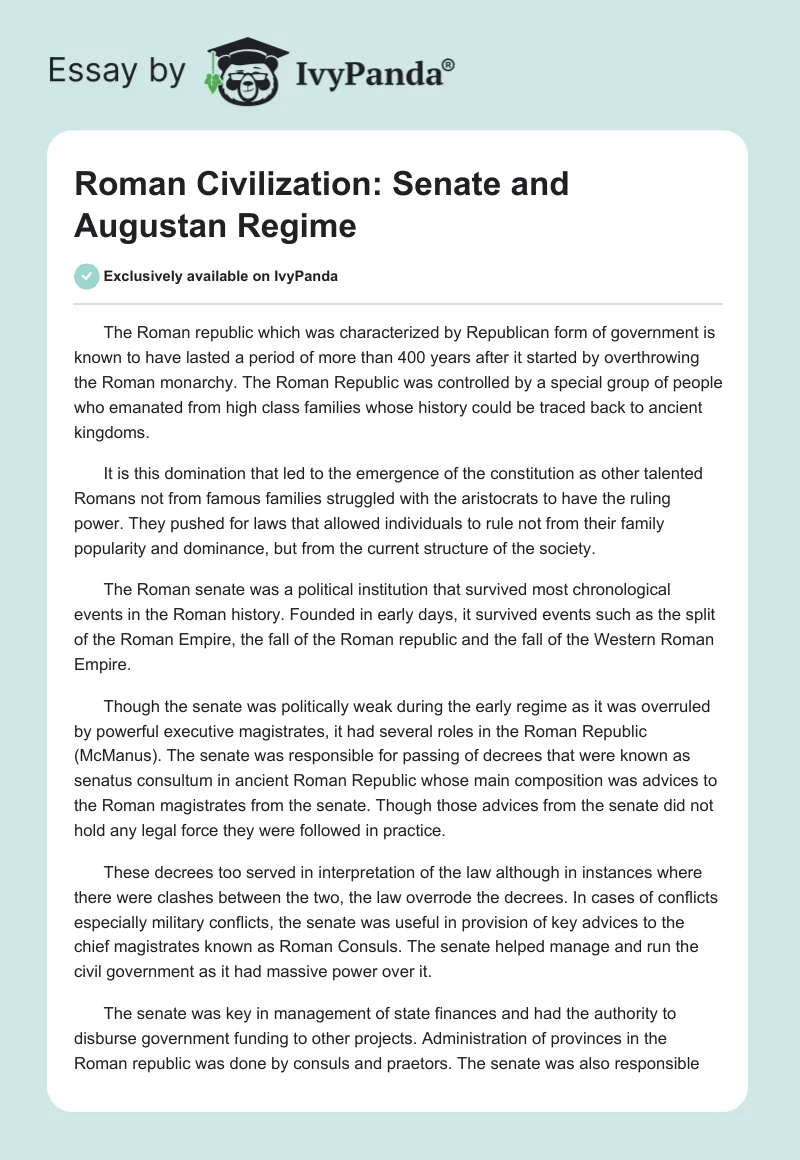 Roman Civilization: Senate and Augustan Regime. Page 1
