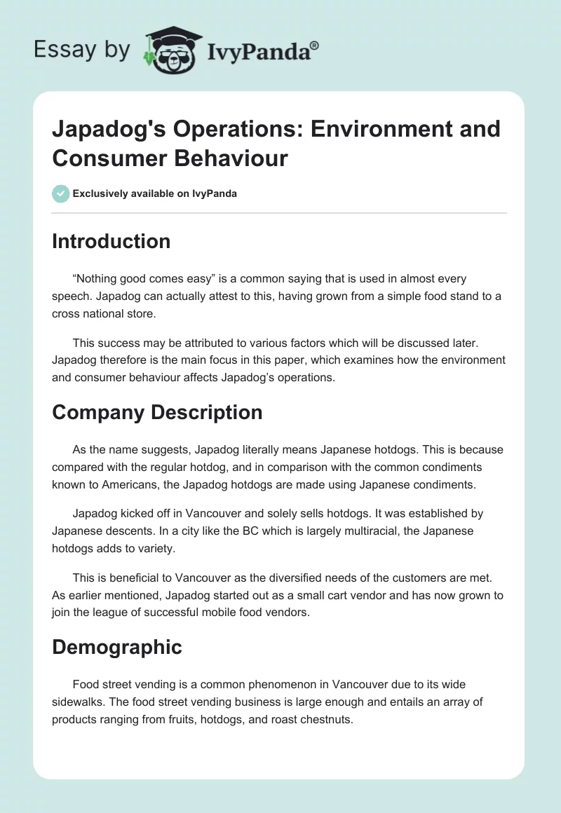 Japadog's Operations: Environment and Consumer Behaviour. Page 1