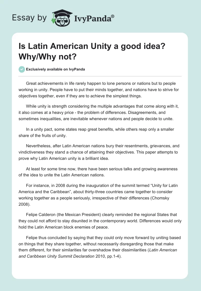 Is Latin American Unity a good idea? Why/Why not?. Page 1