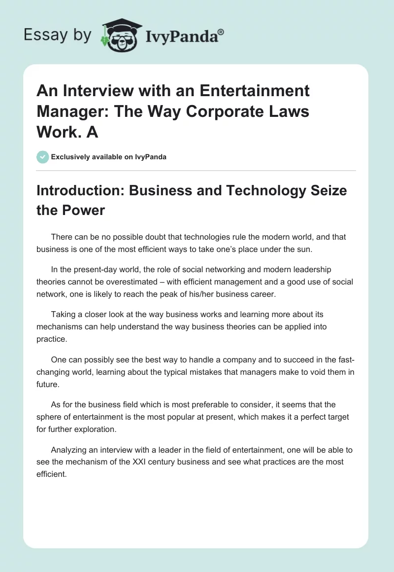 An Interview with an Entertainment Manager: The Way Corporate Laws Work. A. Page 1