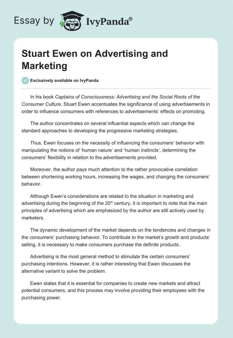 Stuart Ewen on Advertising and Marketing. Page 1