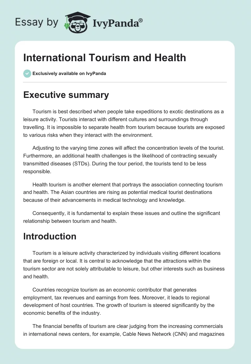 International Tourism and Health. Page 1