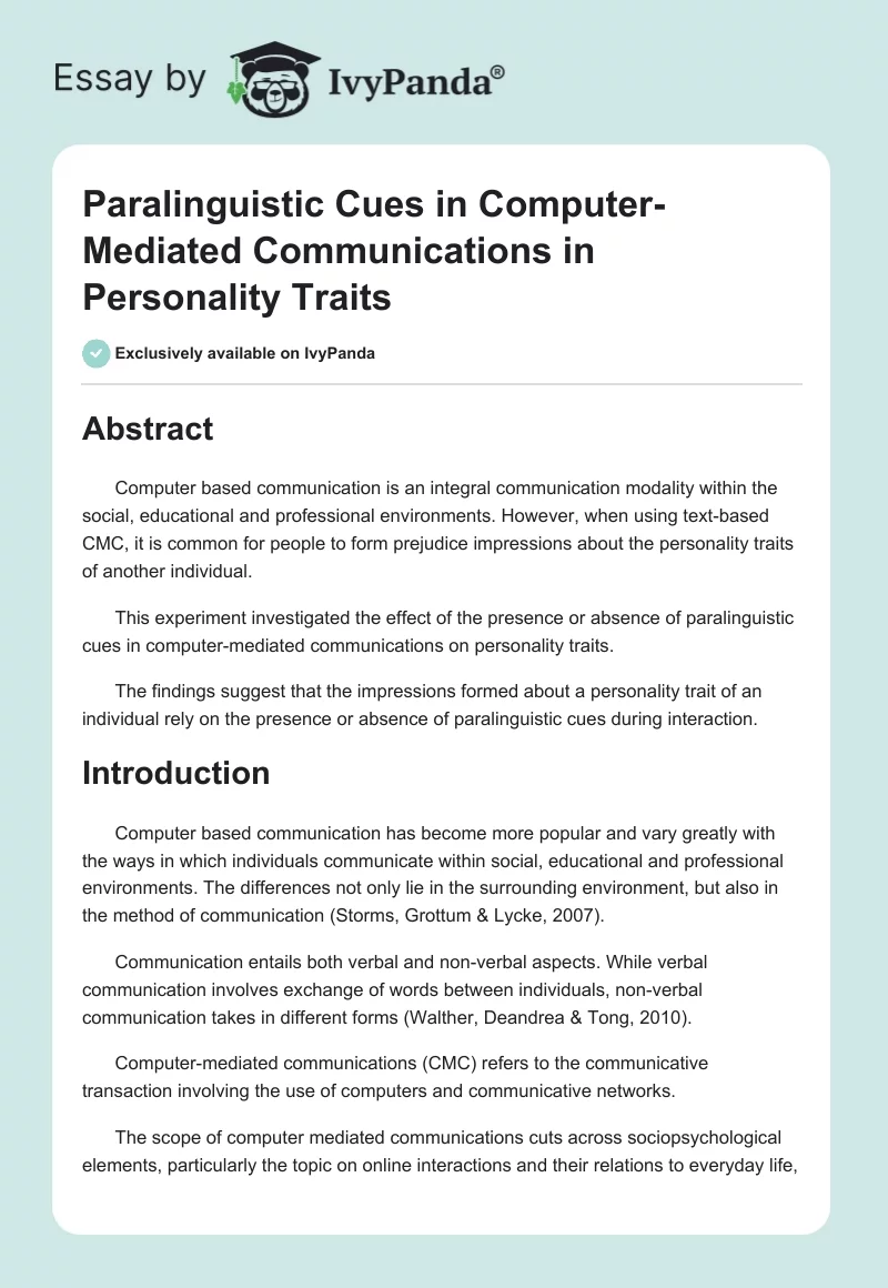 Paralinguistic Cues in Computer-Mediated Communications in Personality Traits. Page 1