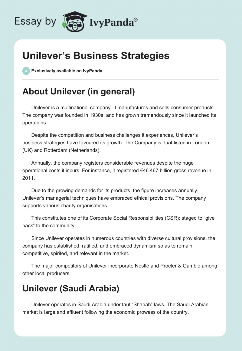 Unilever’s Business Strategies. Page 1