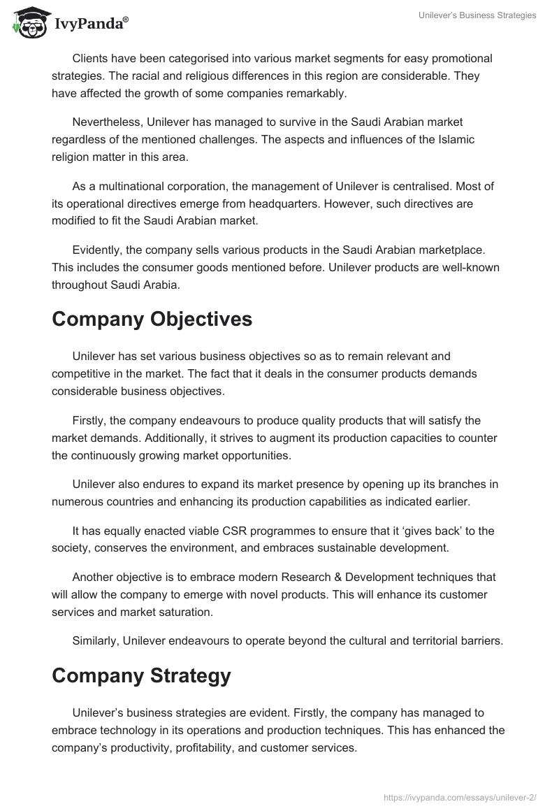 Unilever’s Business Strategies. Page 2