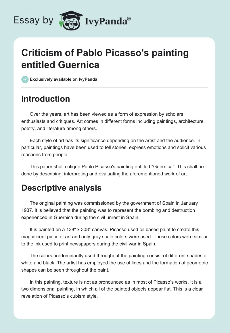 Analysis of Guernica: Pablo Picasso's Guernica Critique. Page 1