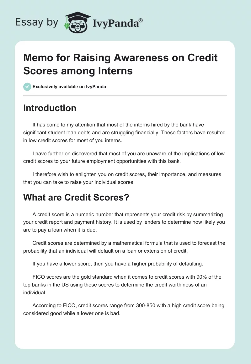 Memo for Raising Awareness on Credit Scores Among Interns. Page 1