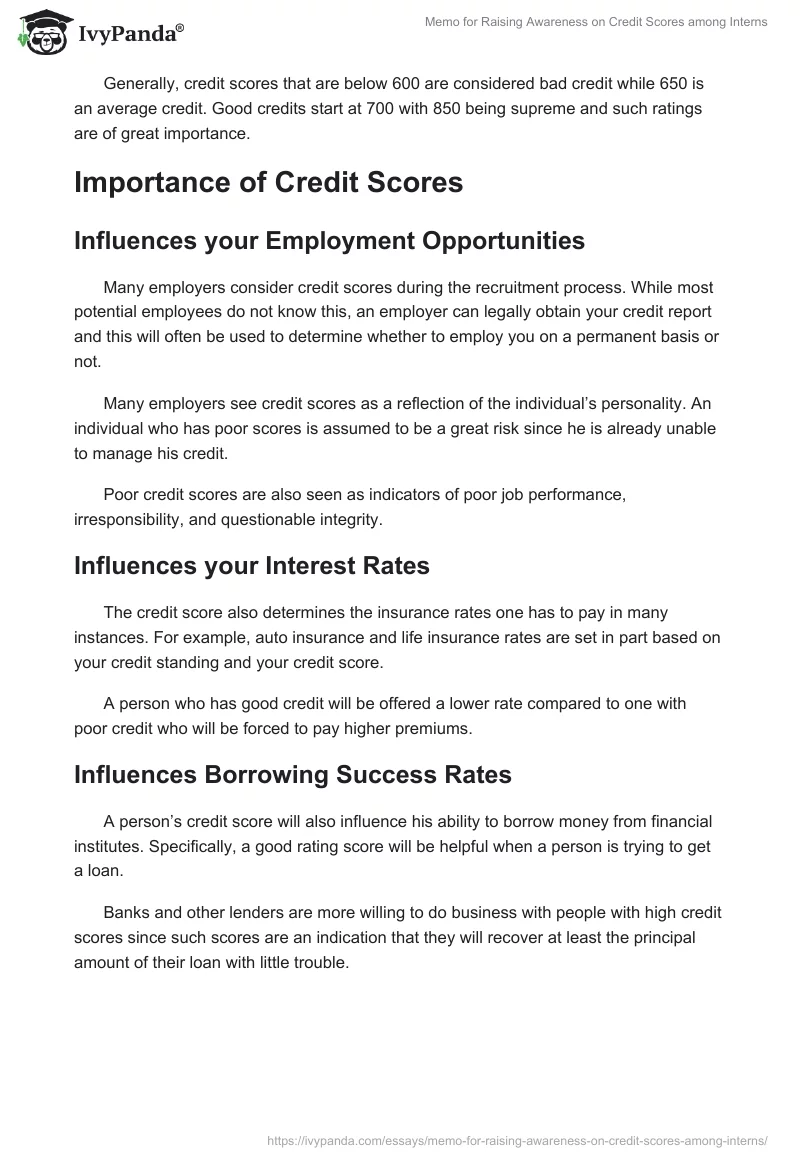 Memo for Raising Awareness on Credit Scores Among Interns. Page 2