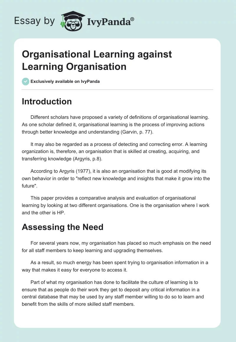 Organisational Learning against Learning Organisation. Page 1