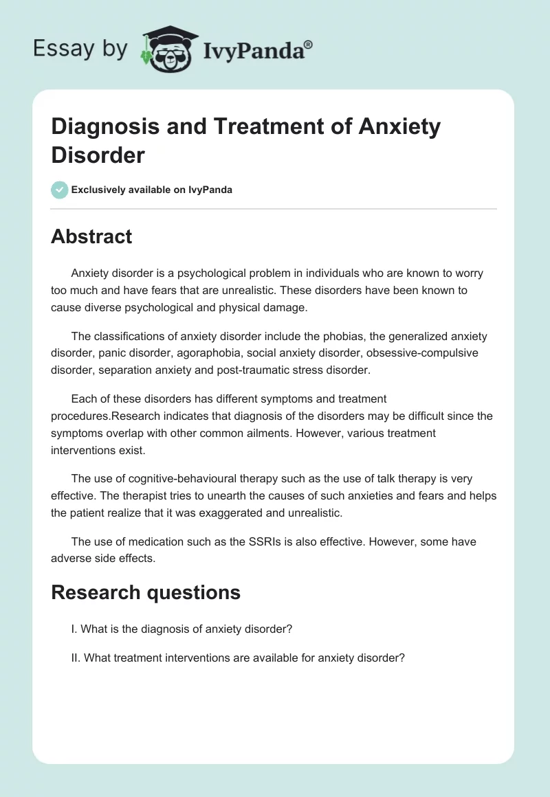 Diagnosis and Treatment of Anxiety Disorder. Page 1