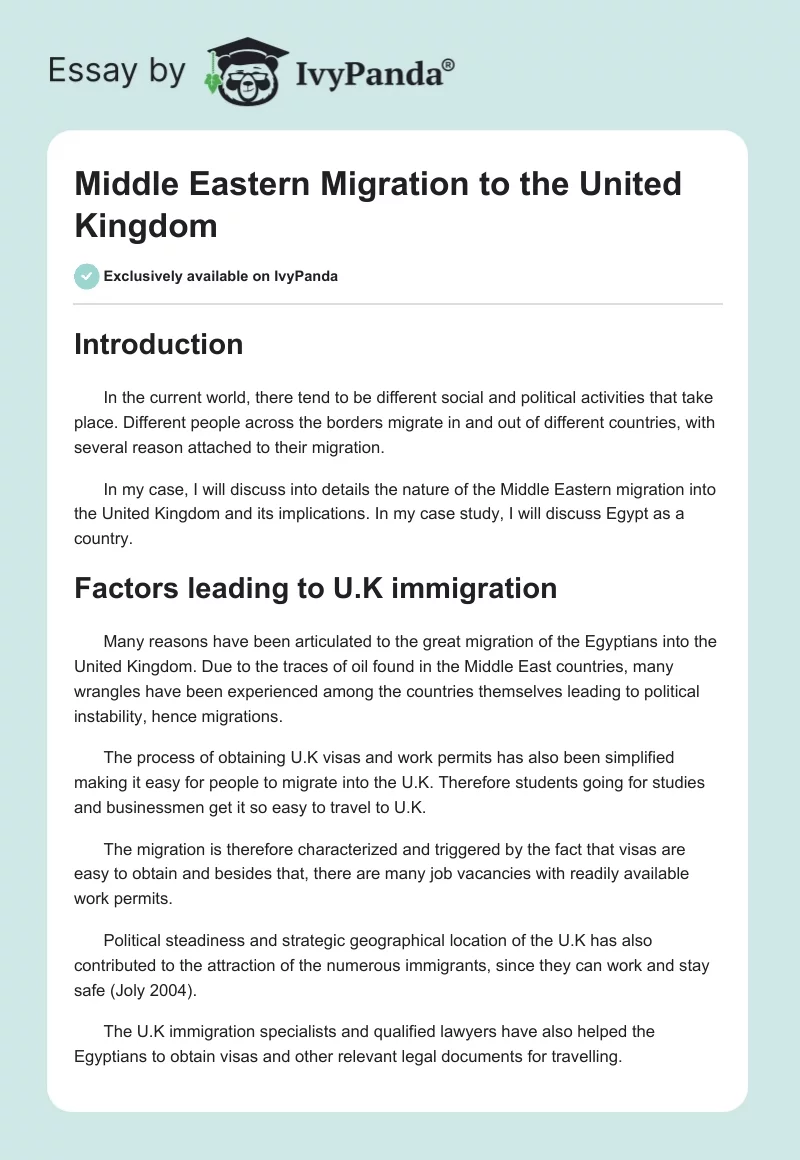 Middle Eastern Migration to the United Kingdom. Page 1