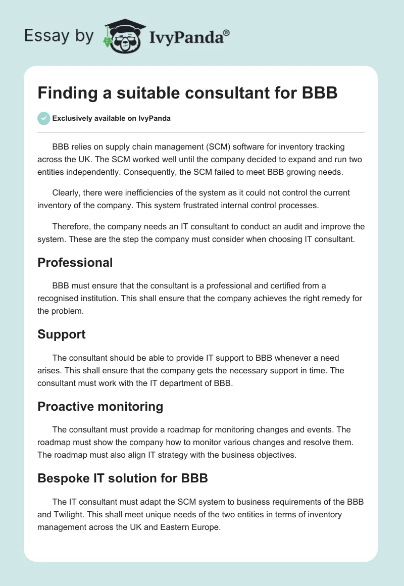 Finding a suitable consultant for BBB. Page 1