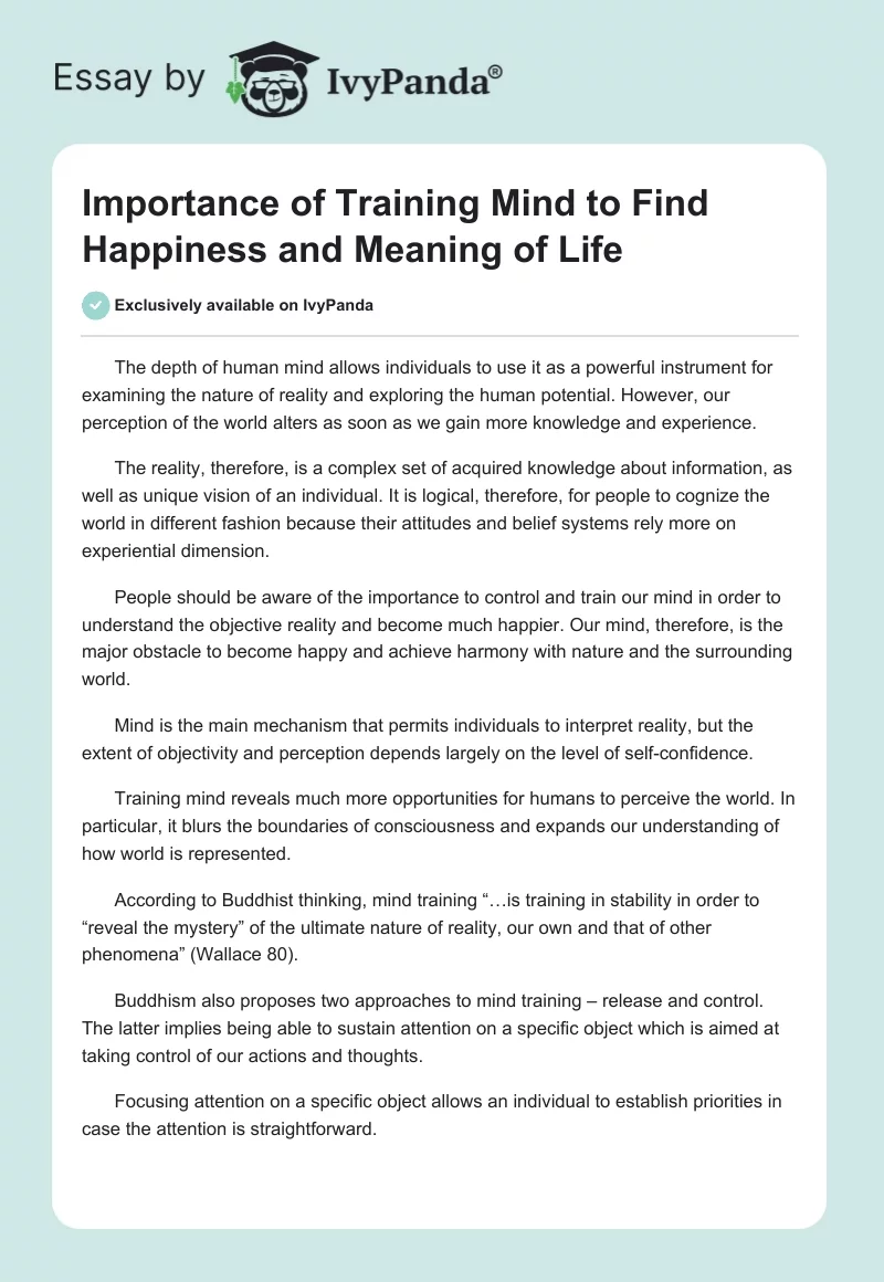 Importance of Training Mind to Find Happiness and Meaning of Life. Page 1