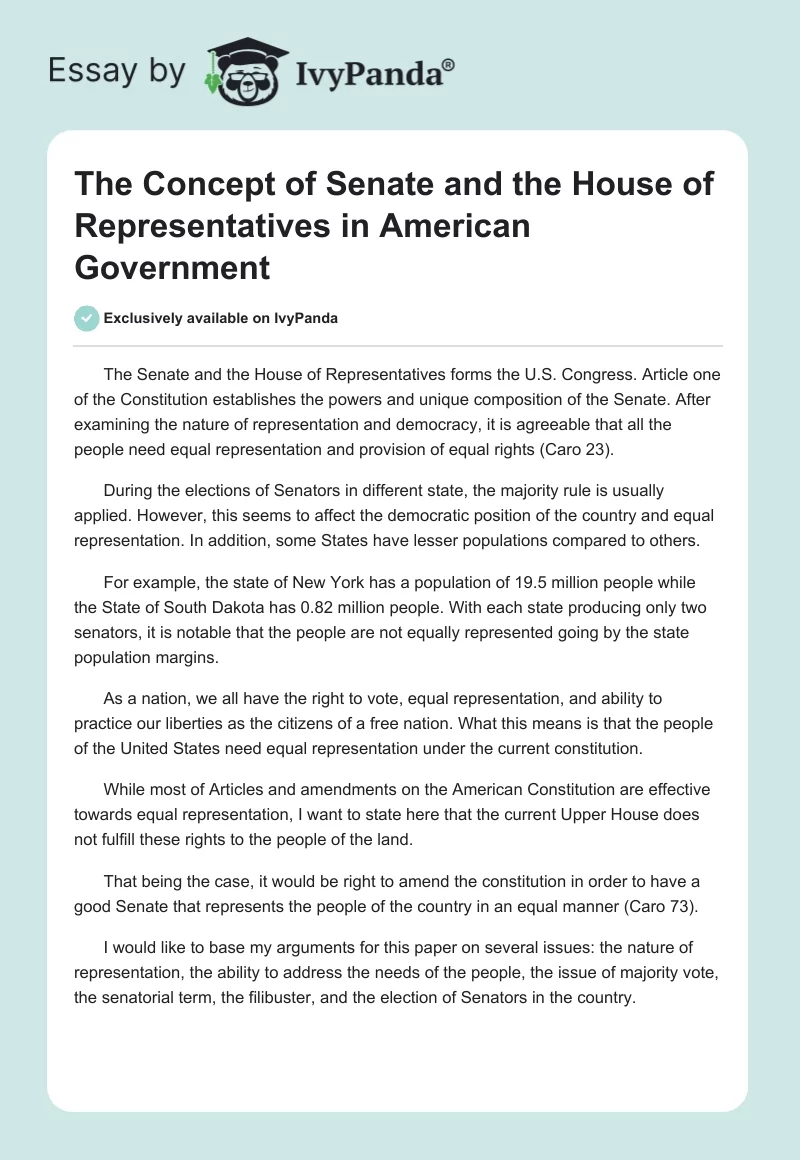The Concept of Senate and the House of Representatives in American Government. Page 1