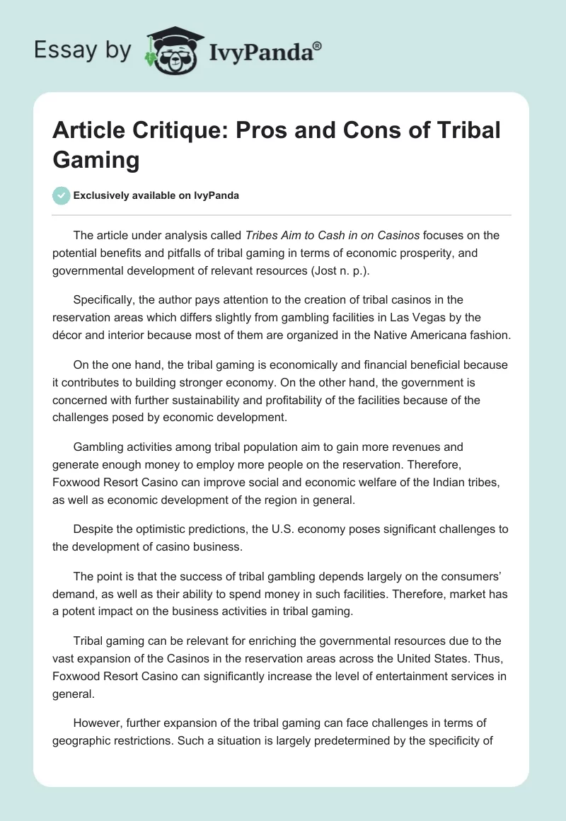 Article Critique: Pros and Cons of Tribal Gaming. Page 1