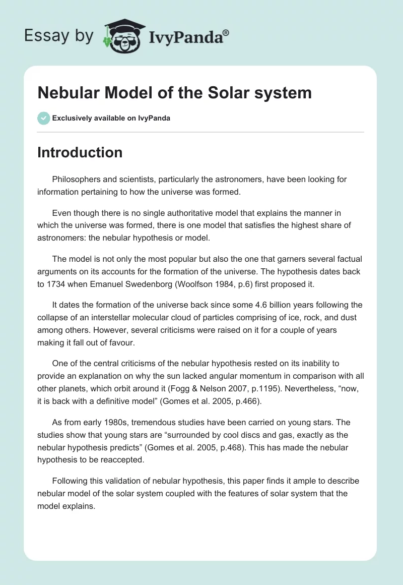 Nebular Model of the Solar system. Page 1