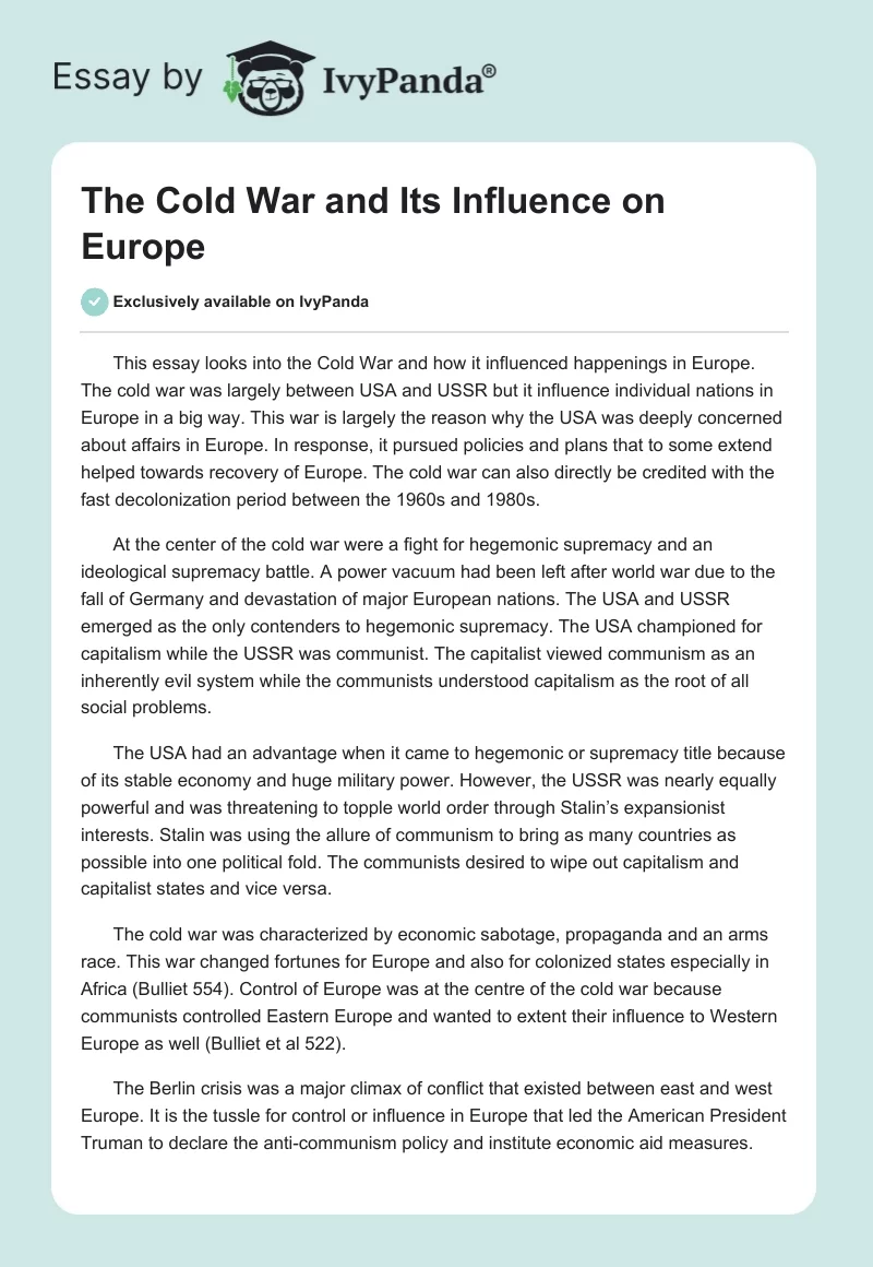 The Cold War and Its Influence on Europe. Page 1