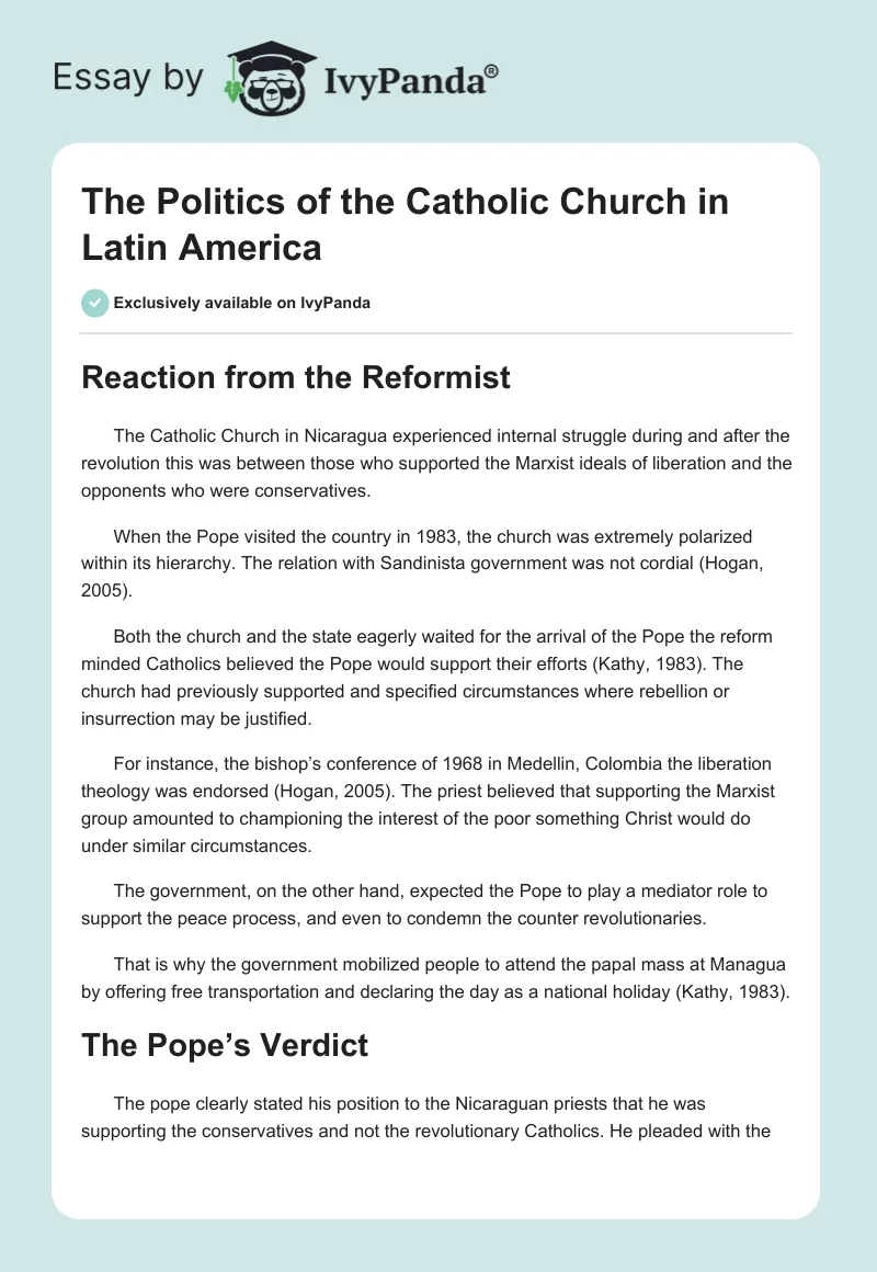 The Politics of the Catholic Church in Latin America. Page 1