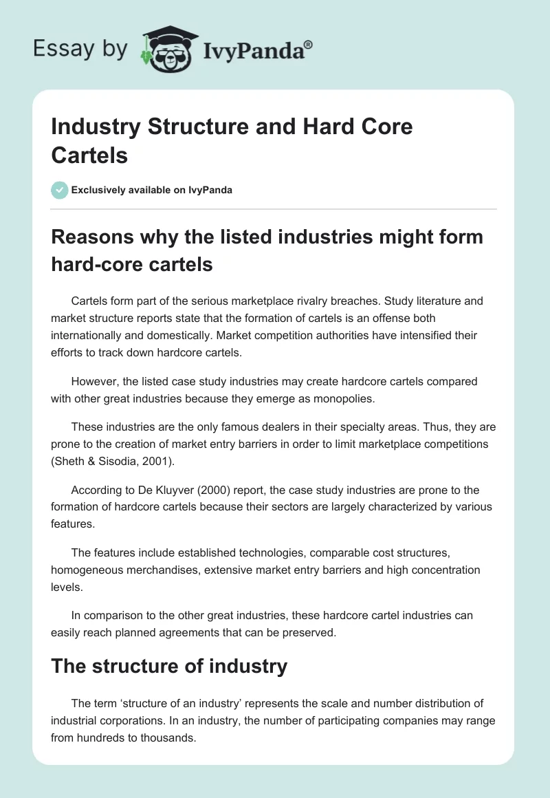 Industry Structure and Hard Core Cartels. Page 1