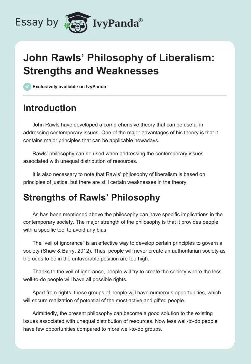 John Rawls’ Philosophy of Liberalism: Strengths and Weaknesses. Page 1