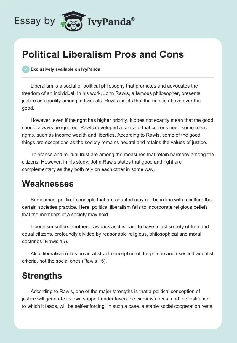 Political Liberalism Pros and Cons. Page 1