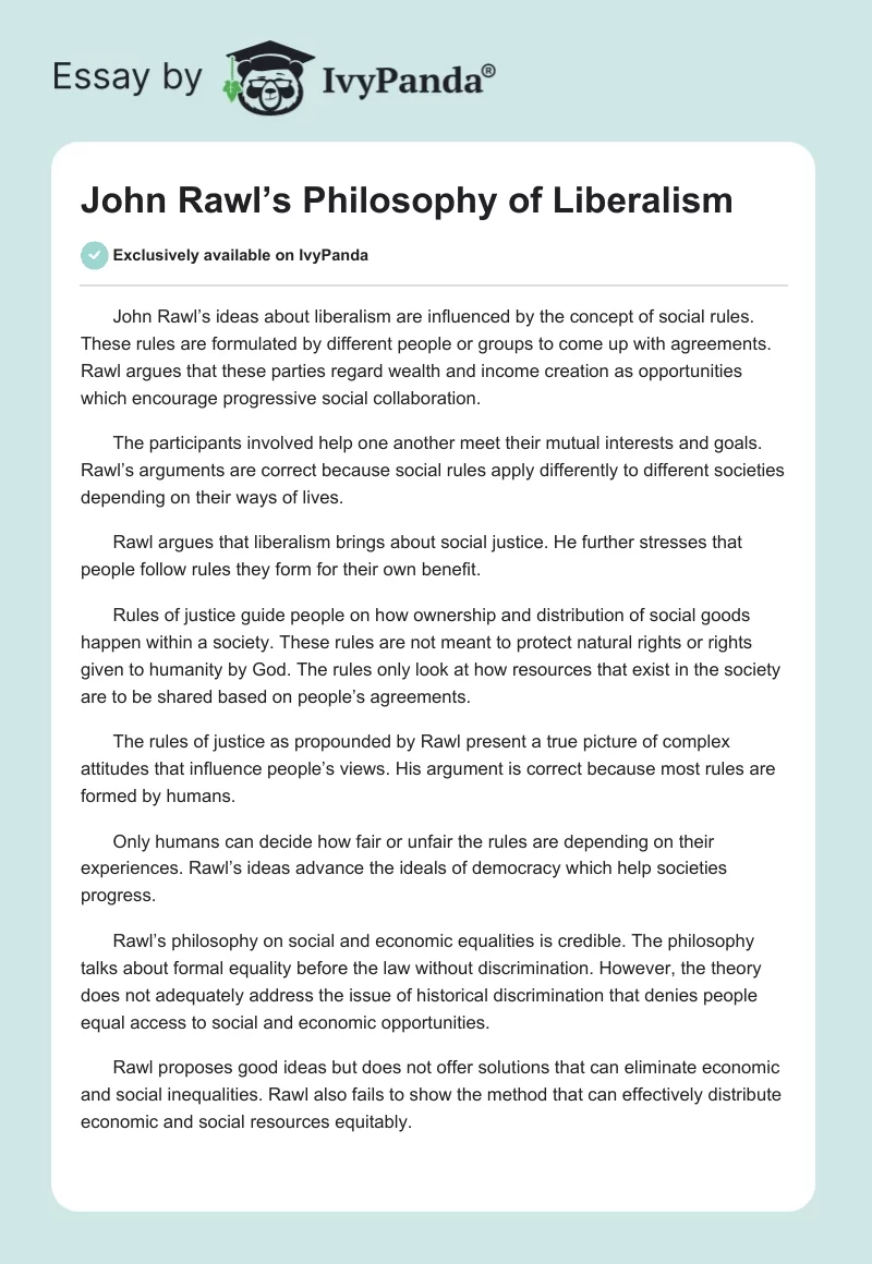 John Rawl’s Philosophy of Liberalism. Page 1