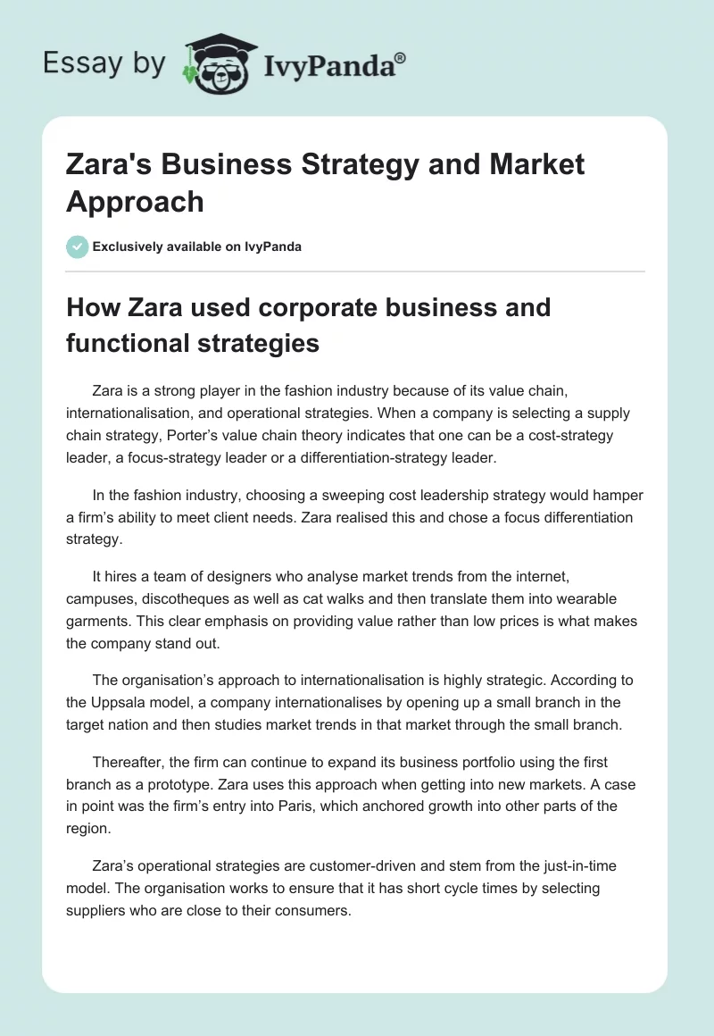 Zara's Business Strategy and Market Approach. Page 1
