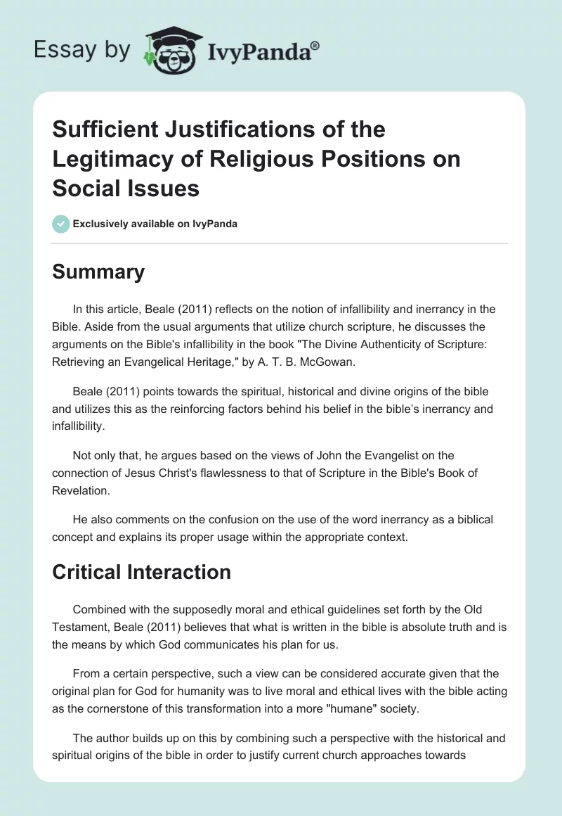 Sufficient Justifications of the Legitimacy of Religious Positions on Social Issues. Page 1