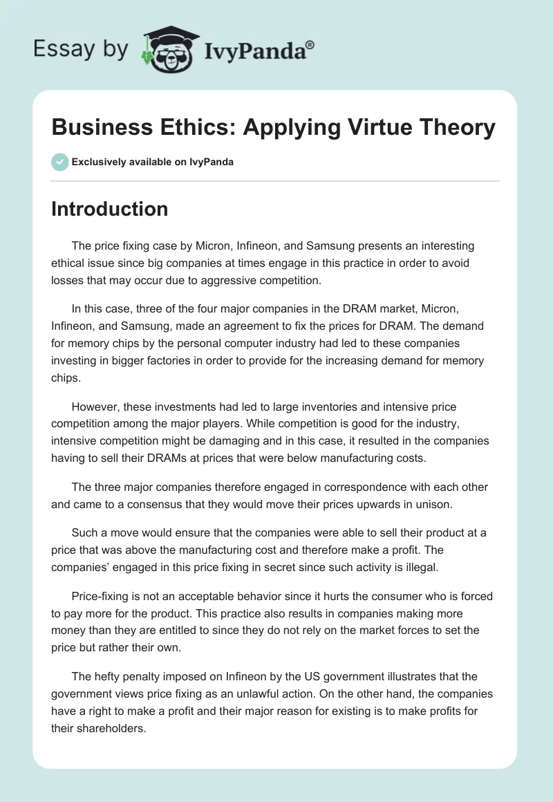Business Ethics: Applying Virtue Theory. Page 1