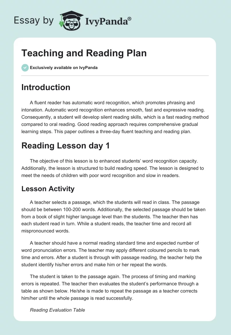 Teaching and Reading Plan. Page 1