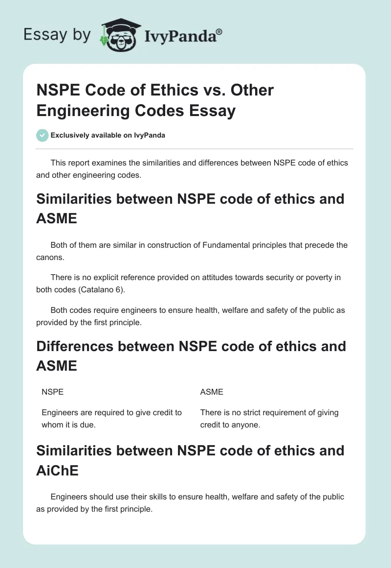 NSPE Code of Ethics vs. Other Engineering Codes Essay. Page 1