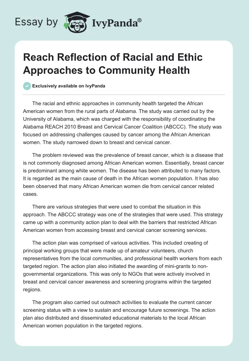 Reach Reflection of Racial and Ethic Approaches to Community Health. Page 1